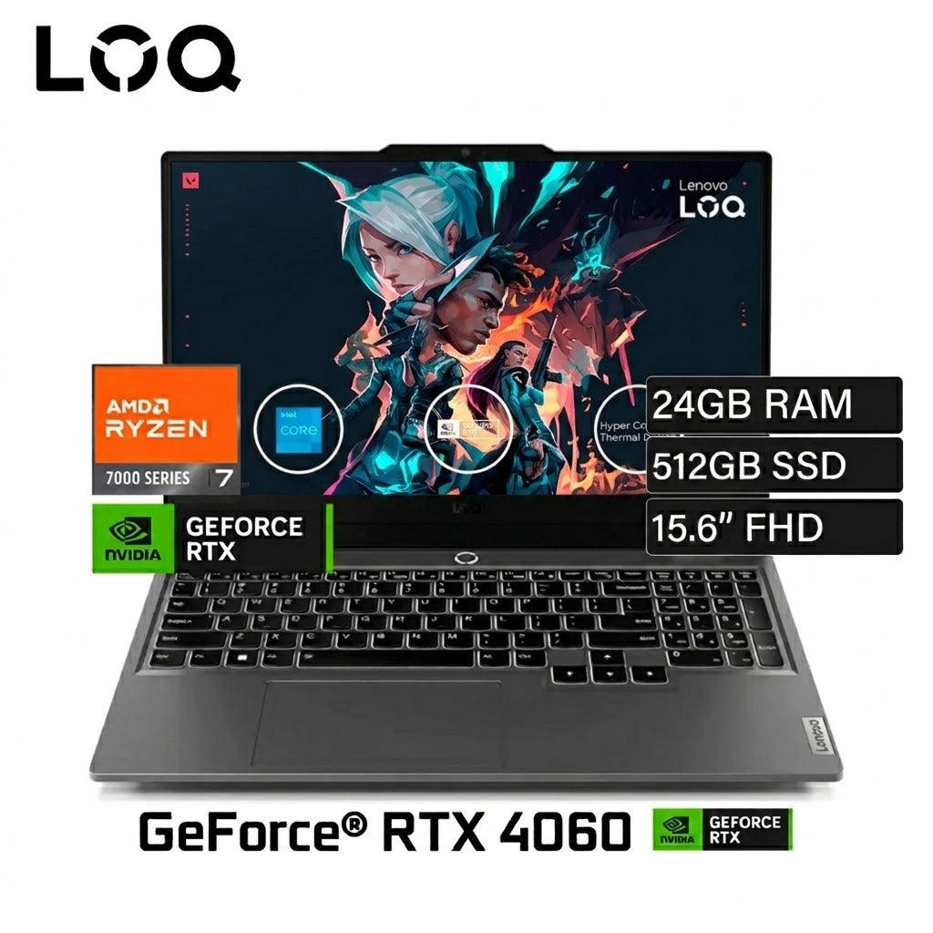 LAPTOP LENOVO LOQ 15ARP9 RYZEN 7 7435HS RAM 24GB DISCO 512GB SSD VIDEO NVIDIA RTX 4060 8GB 15.6" FHD 144HZ WINDOWS 11 HOME